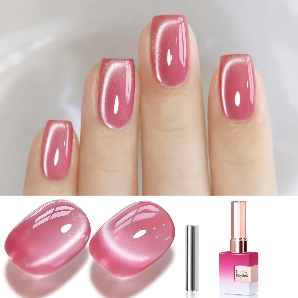 Double Rhythm cat eye rose red bottle shows holographic shimmer for chic nails.