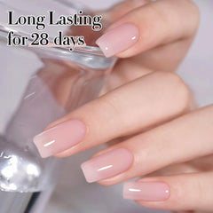 Double Rhythm jelly polish swatch on nails reveals milky, soft color.