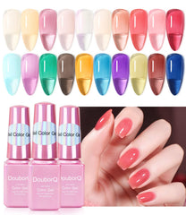 DouborQ crystal blue jelly gel nail polish provides glassy shine for DIY nails.