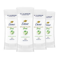 Dove 0% aluminum deodorant stick with cucumber and green tea for long-lasting freshness.