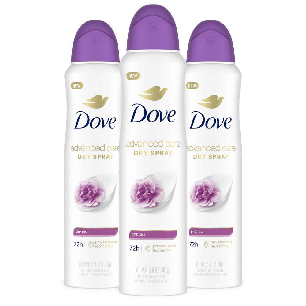 Dove Advanced Care Pink Rosa spray bottle showing fragrance and protection.