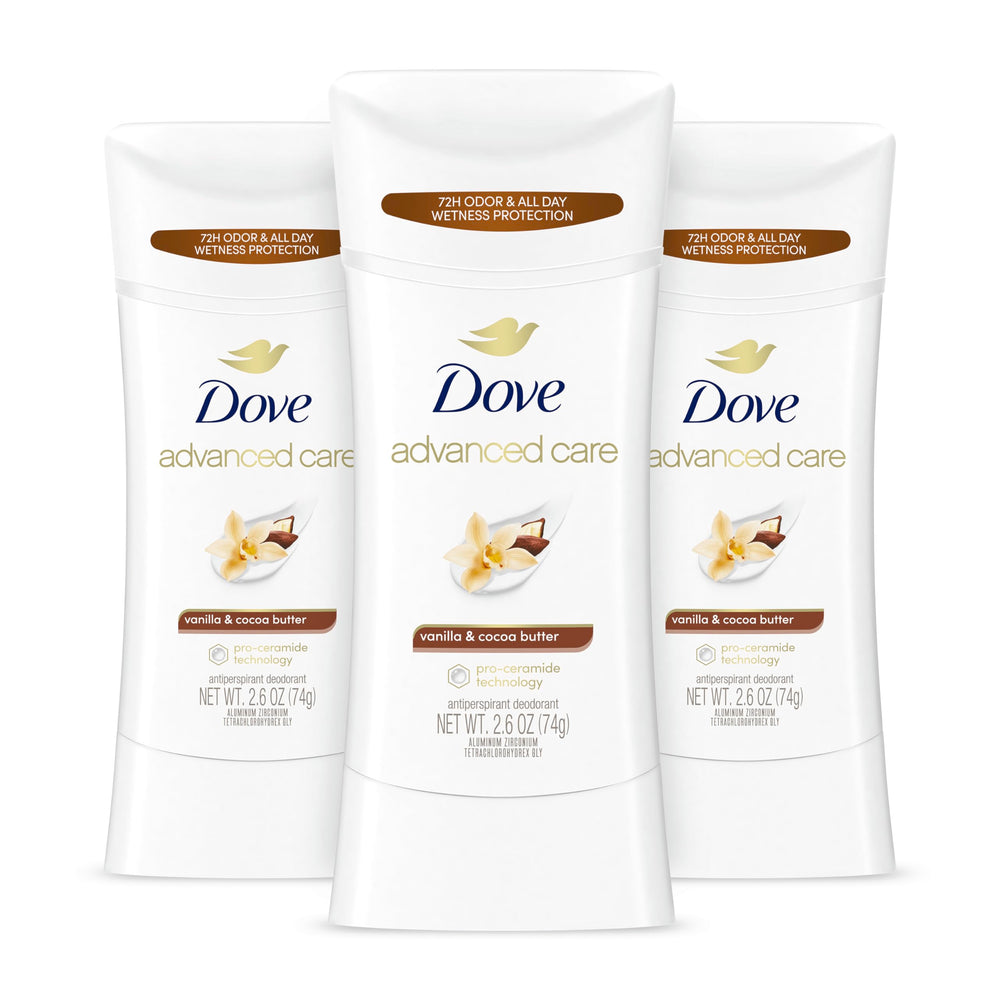 Dove Advanced Care Vanilla Cocoa Butter stick front view for all-day underarm softness.