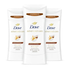 Dove Advanced Care Vanilla Cocoa Butter stick front view for all-day underarm softness.