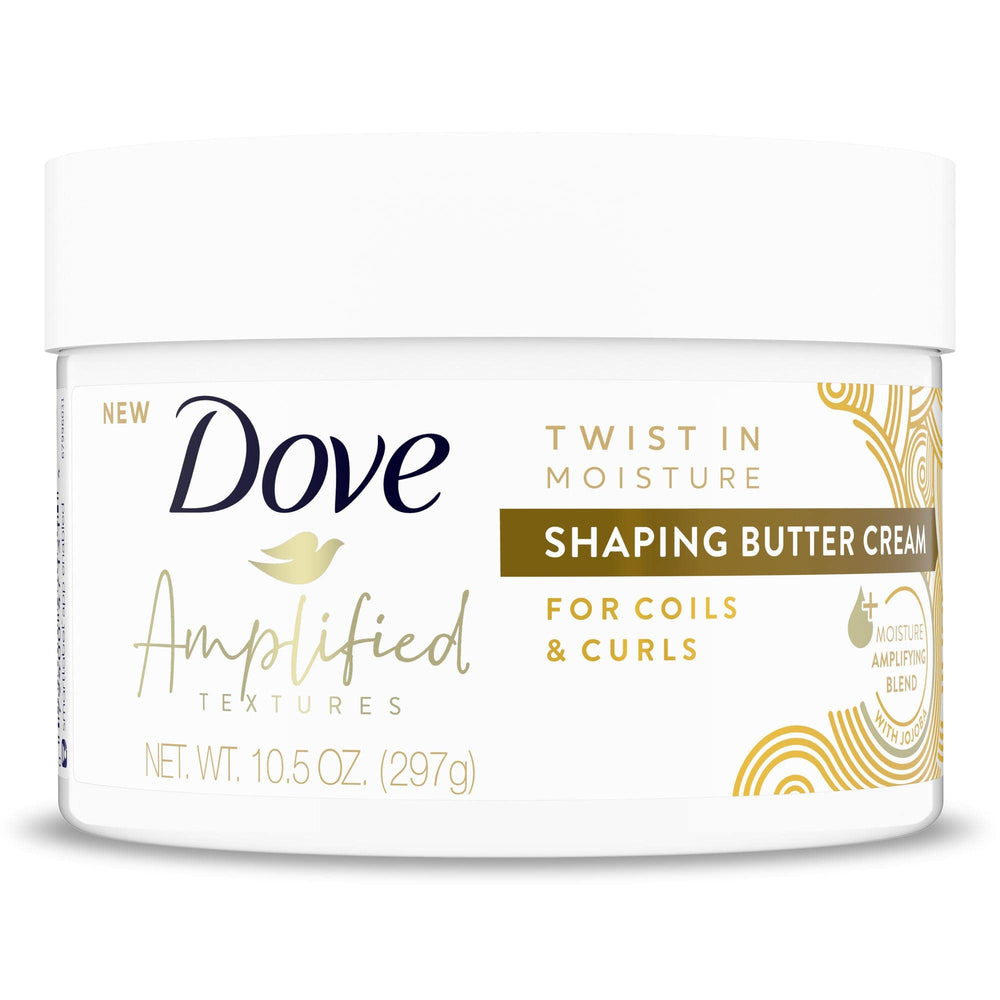 Dove Amplified Textures shaping butter cream jar demonstrates moisture for textured hair.
