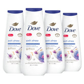 Dove Anti-Stress bottle pouring blue chamomile and oat milk aroma for calm shower moments