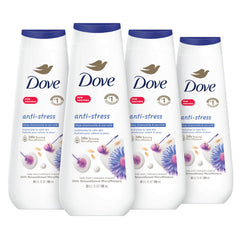 Dove Anti-Stress bottle pouring blue chamomile and oat milk aroma for calm shower moments