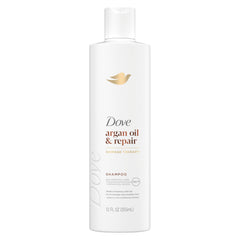 Dove Argan Oil & Repair shampoo bottle showing strengthening for fine hair.