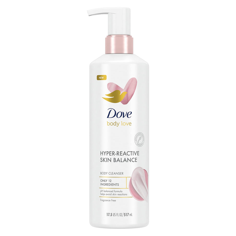 Dove Body Love bottle front, fragrance-free formula designed for sensitive skin.