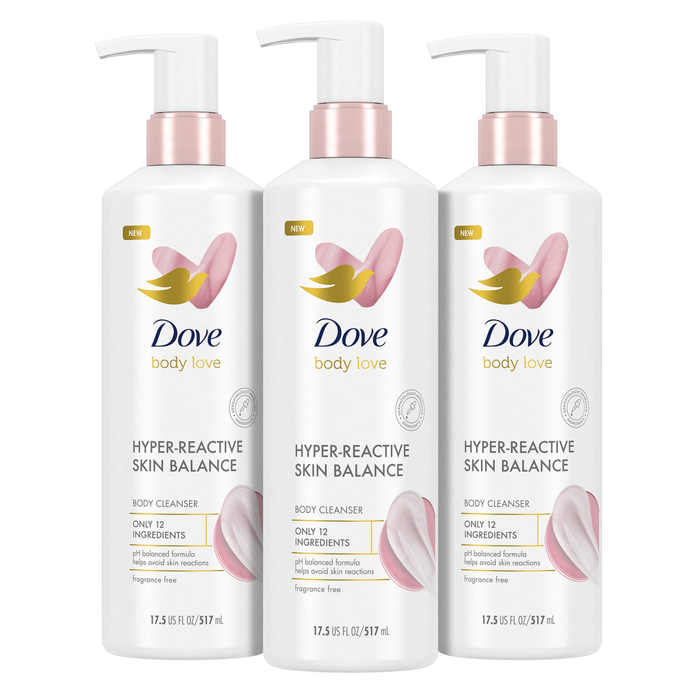 Dove Body Love Hyper-Reactive Skin Balance bottle with fragrance-free formula for sensitive skin