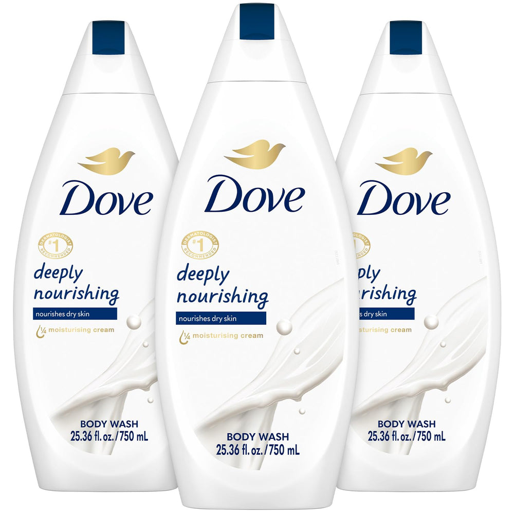 Dove Body Wash 3-Pack packshot showing convenient, hydrating bottles for daily nourishment.