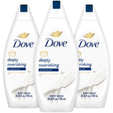 Dove Body Wash 3-Pack packshot showing convenient, hydrating bottles for daily nourishment.