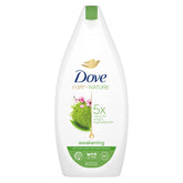 Dove Care By Nature Awakening Shower Gel bottle shows green tea and flower extract for refreshing cleanse