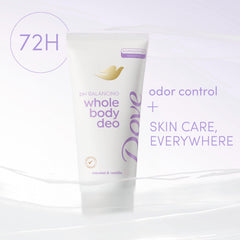 Dove Whole Body Deo coconut vanilla fragrance close-up for subtle, long-lasting freshness.