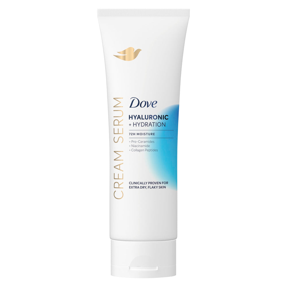 Dove Cream Serum bottle demonstrates deep hydration for dry skin.