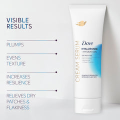Dove Cream Serum ingredient close-up highlights hyaluronic acid benefits.