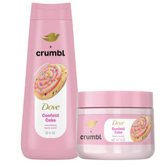 Dove Crumbl Confetti Cake Body Wash 20oz bottle for daily cleansing with lasting moisture.