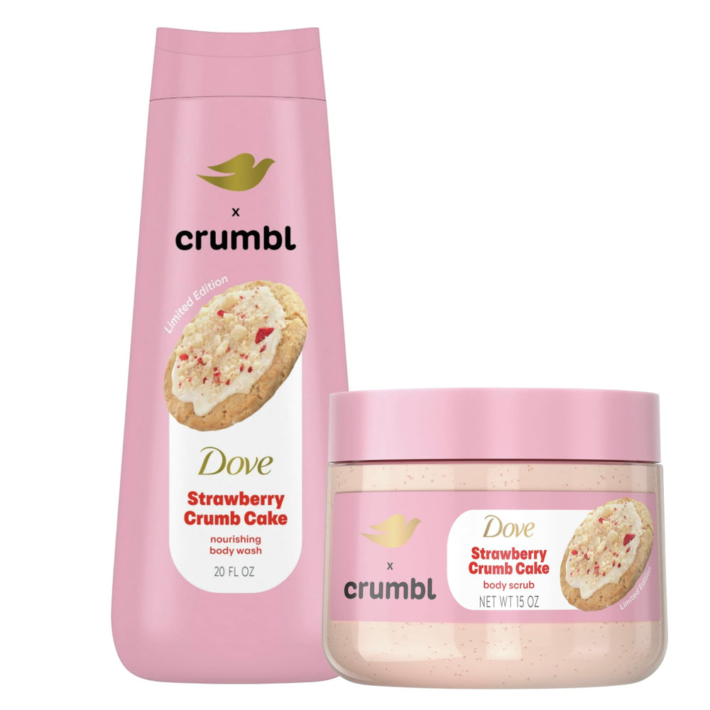Dove Crumbl Strawberry Wash bottle with moisturizing formula for soft, hydrated skin.