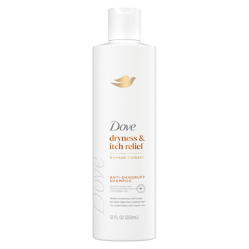 Dove Damage Therapy Derma Shampoo bottle promoting gentle cleansing for dry, flaky scalps.