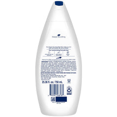 Dove Deep Moisture bottle closeup displaying rich lather for soft skin.