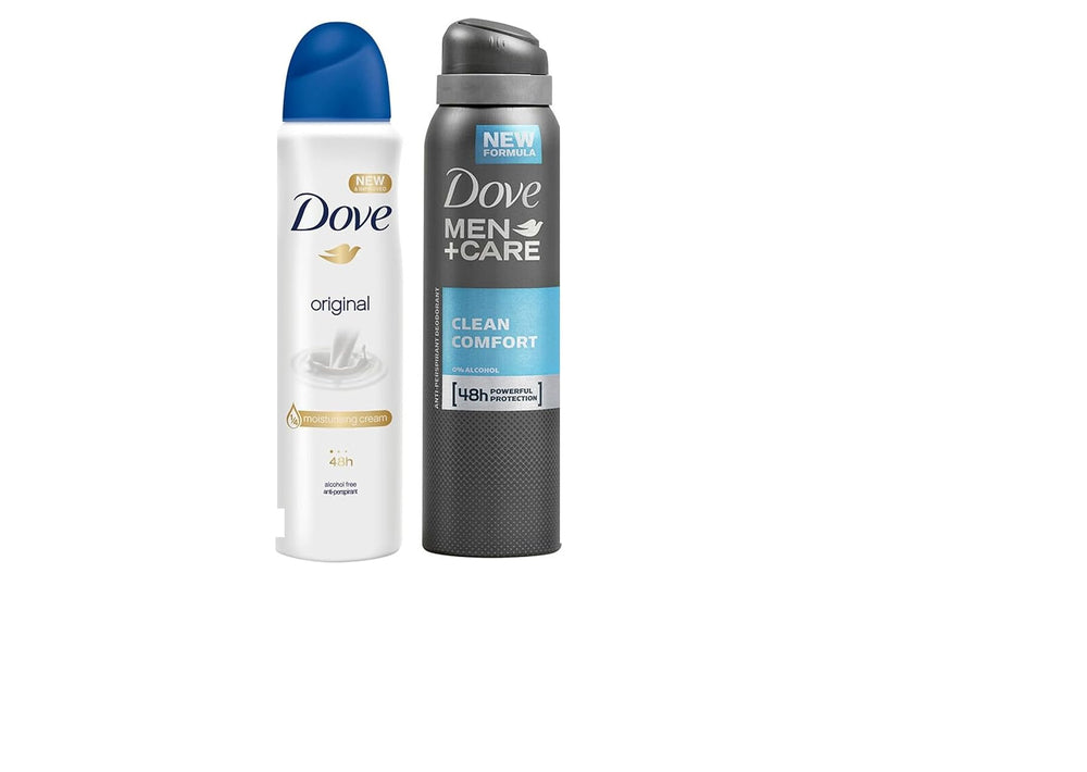 Dove Deodorant pack of 6 bottles, original and men+care, for all-day freshness.