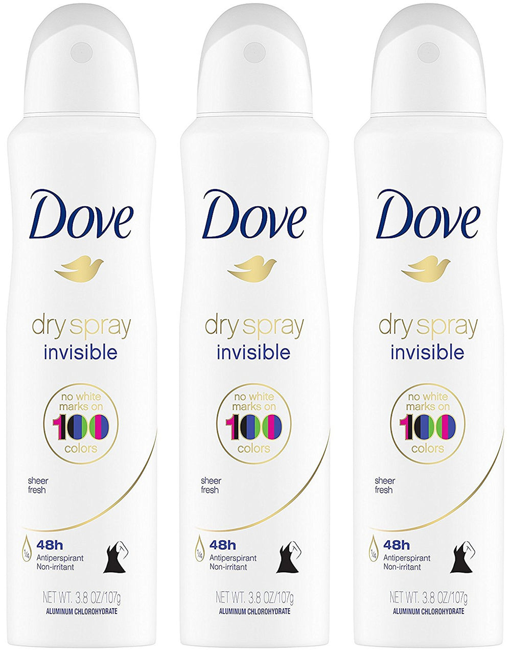 Dove Dry Spray Invisible pack of 3 cans for on-the-go freshness.