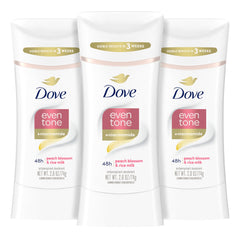 Dove Even Tone Peach Blossom Rice Milk stick with smooth glide for all-day protection.