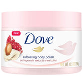 Dove Exfoliating Body Polish jar showcases creamy texture and nourishing pomegranate scent.