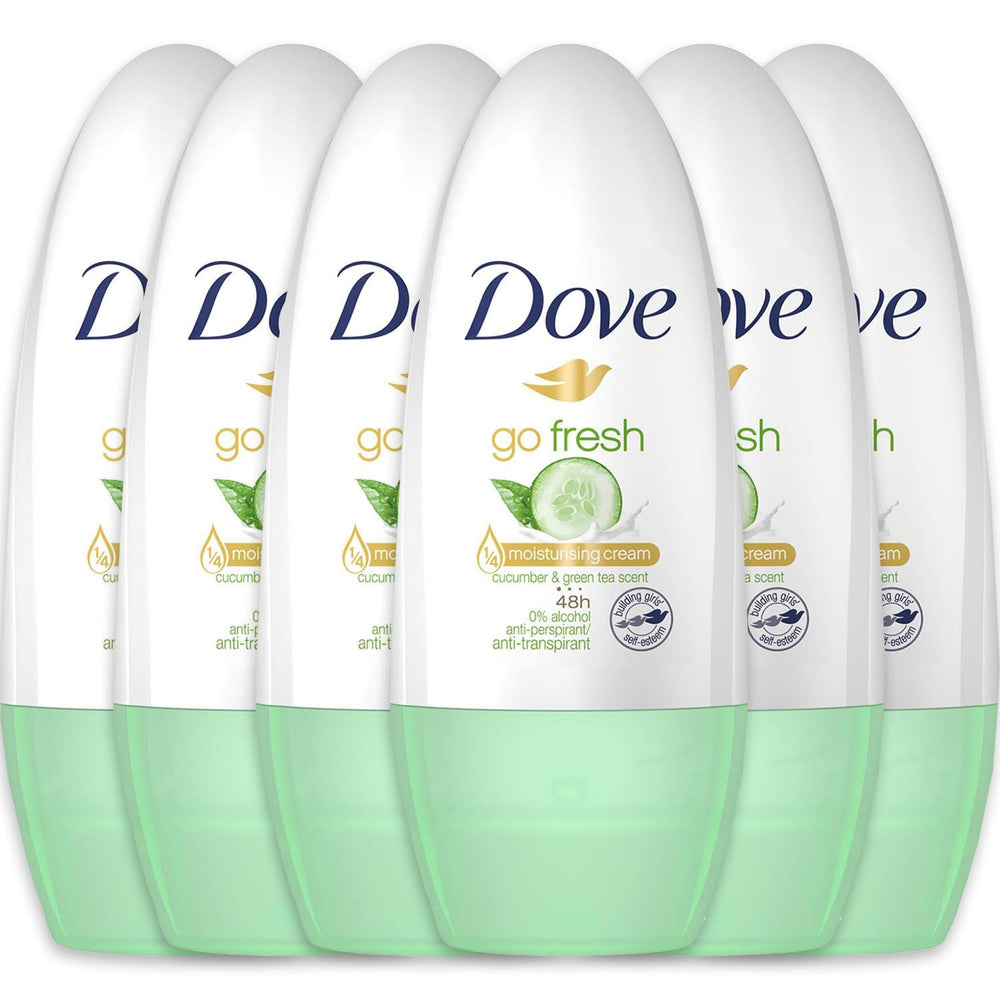 Dove Go Fresh Cucumber & Green Tea roll-on bottle for all-day odor and sweat protection.
