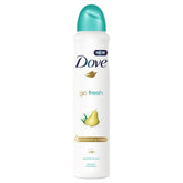 Dove Go Fresh pear and aloe vera deodorant spray bottle front view for daily freshness.
