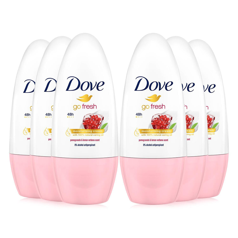 Dove Go Fresh roll-on bottle with pomegranate and lemon-verbena scent for everyday freshness.