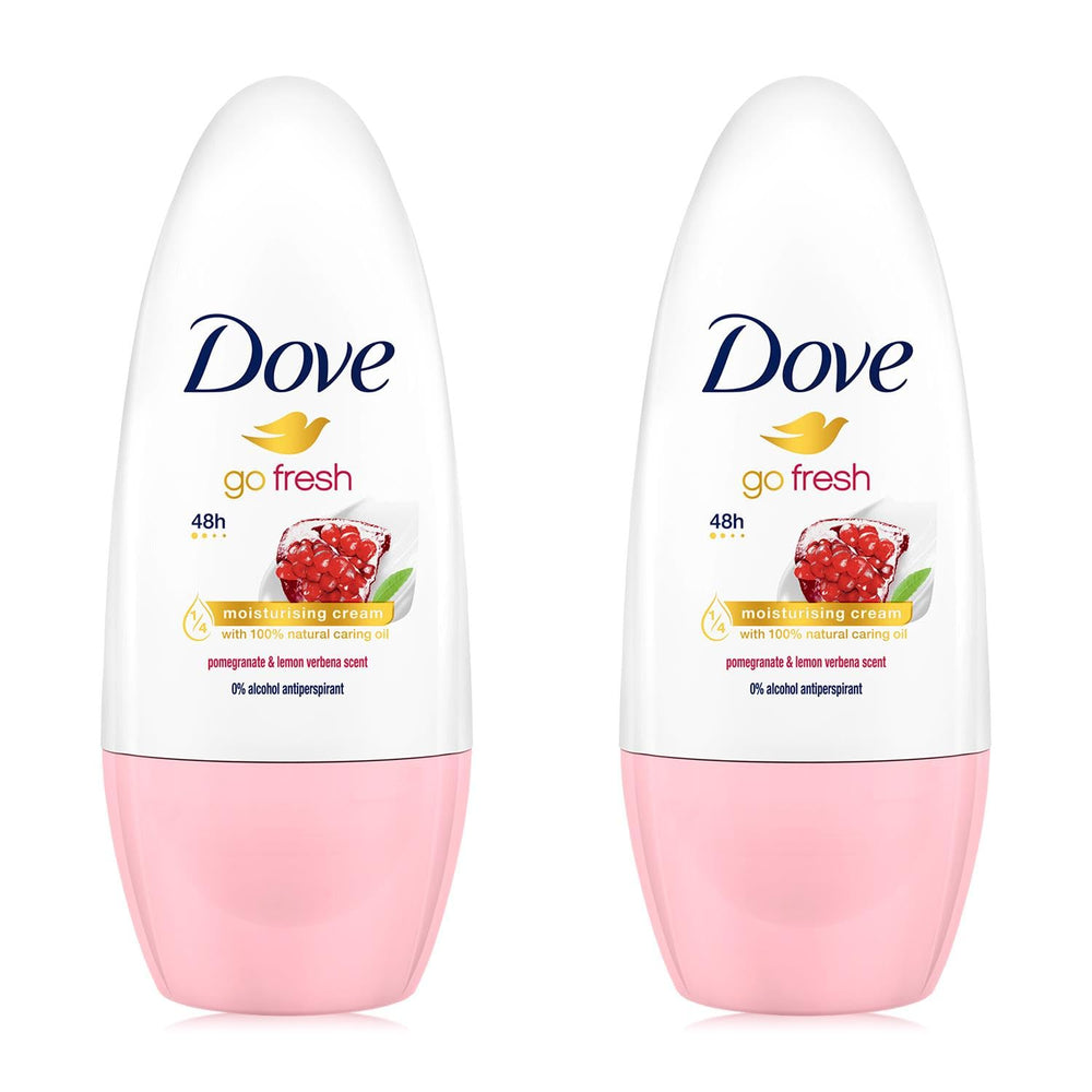 Dove Go Fresh roll-on bottle with pomegranate and lemon verbena scent for all-day freshness.