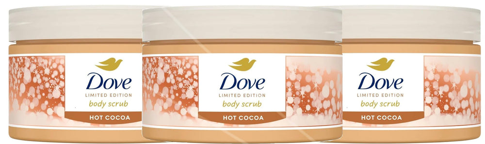Dove Hot Cocoa Scrub pack shot showing three jars for a spa-like routine