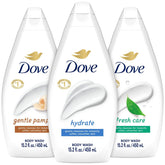 Dove Hydrate bottle front; deeply moisturizes dry skin.