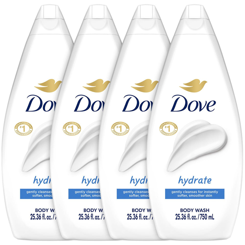 Dove Hydrate bottle being poured, showcasing a moisturizing cleanse for soft skin