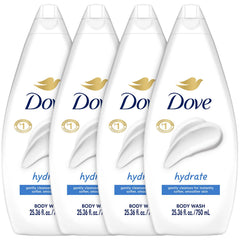 Dove Hydrate bottle being poured, showcasing a moisturizing cleanse for soft skin