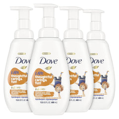 Dove Kids Care Foaming Body Wash Coconut Cookie bottle shows gentle cleansing for sensitive skin