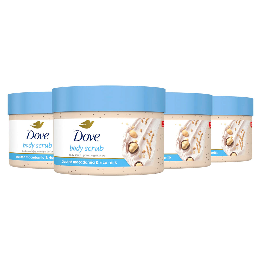 Dove Exfoliating Body Polish bottle displays Macadamia and Rice Milk for radiant skin prep.