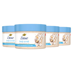 Dove Exfoliating Body Polish bottle displays Macadamia and Rice Milk for radiant skin prep.