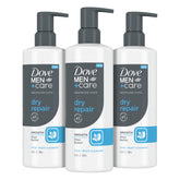 Dove Men+Care Advanced Care Dry Repair cleanser front label highlighting shea butter benefits