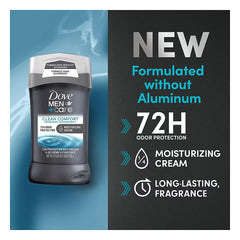Dove Men+Care aluminum-free claim close-up emphasizes skin-friendly care.