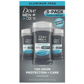 Dove Men+Care Clean Comfort deodorant stick 3-pack front view for everyday freshness.