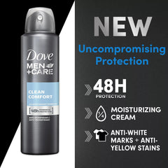 Dove Men+Care Clean Comfort spray dispensing with instant dry formula.