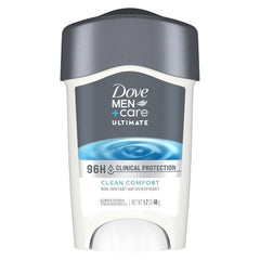 Dove Men + Care Clinical Protection Solid pack shot shows compact 1.7 oz sticks for on-the-go protection.