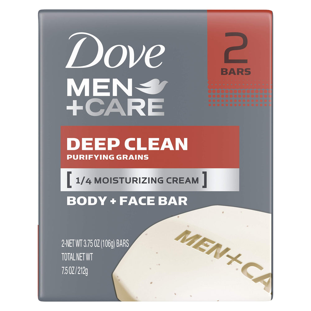 Dove Men+Care Deep Clean Bar Pack shows two bars for ongoing cleanse and hydration.