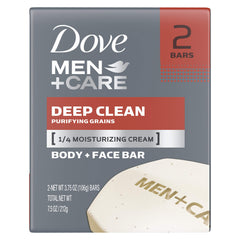 Dove Men+Care Deep Clean Bar Pack shows two bars for ongoing cleanse and hydration.