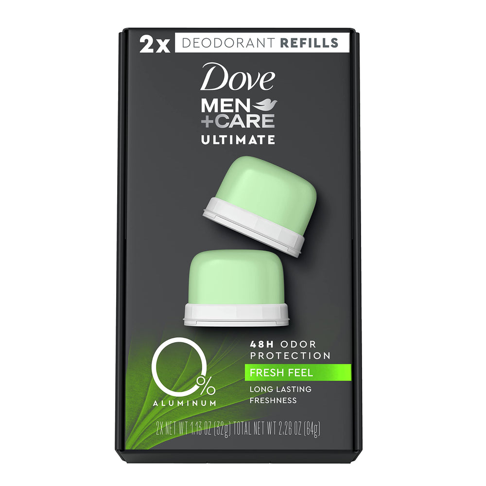 Dove Men+Care deodorant refill 0% aluminum packaging showcasing eco-friendly design and long-lasting freshness.