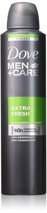Dove Men + Care Dry Spray Extra Fresh six-pack pack shot highlights all-day freshness.