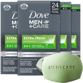 Dove Men+Care Extra Fresh bar in a four-pack for daily cleansing.