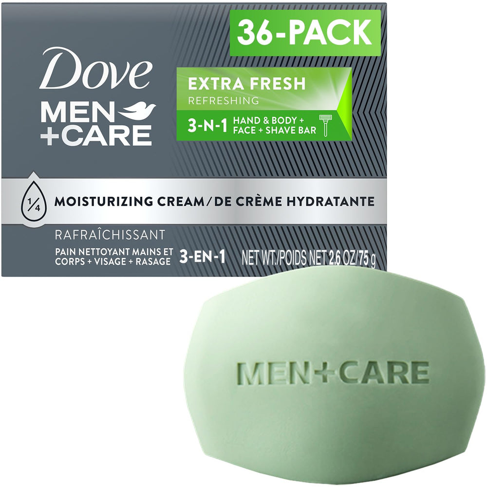 Dove Men+Care Extra Fresh Bar pack shot highlights a 36-pack for convenient daily cleansing
