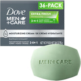 Dove Men+Care Extra Fresh Bar pack shot highlights a 36-pack for convenient daily cleansing